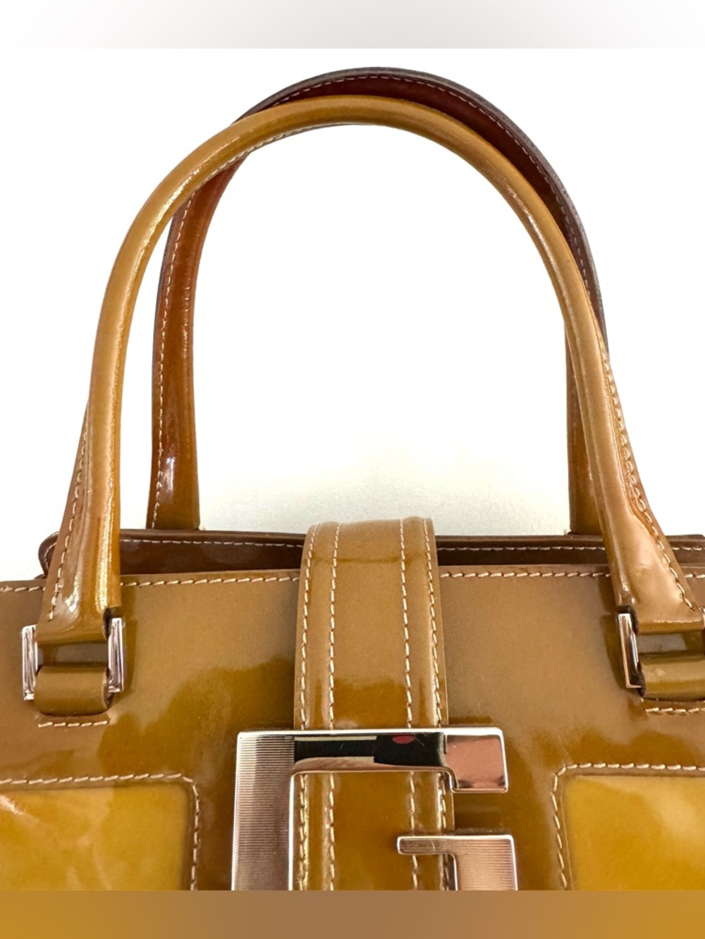 GUCCI Vintage Patent Leather G Logo Top Handle Bag Tote Gold Mustard Caramel - Picture 3 of 14